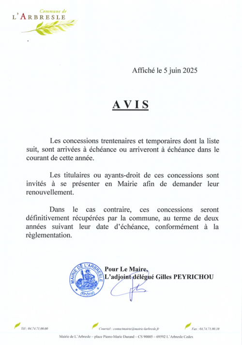 Avis d’expiration de concessions funéraires - Échéances 2025