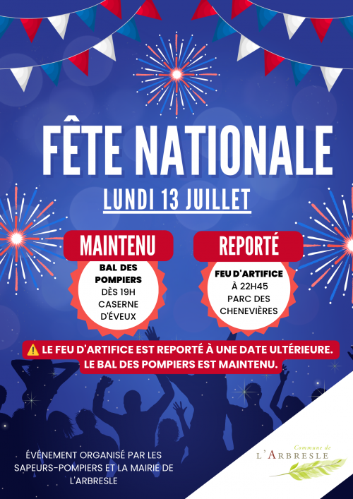 FEU D'ARTIFICE DU 13 JUILLET REPORTÉ – BAL DES POMPIERS MAINTENU