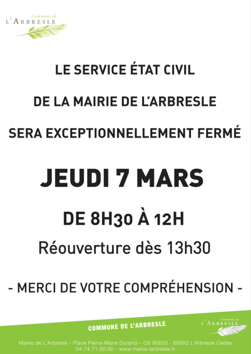 07/03 : fermeture exceptionnelle état-civil