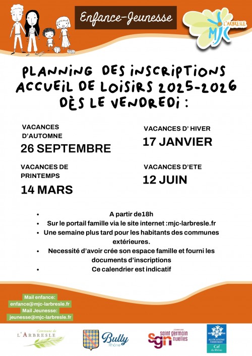 Calendrier des inscriptions pour les vacances MJC