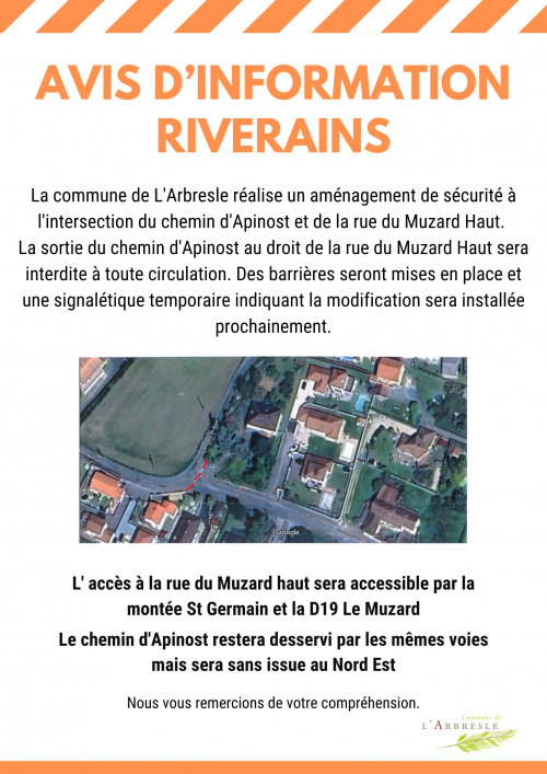 Info travaux : chemin d'Apinost / rue du Muzard Haut