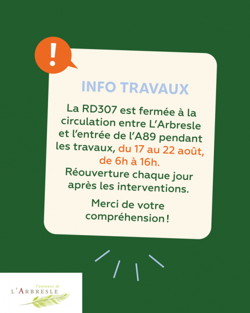 Travaux sur la RD307 : entre L’Arbresle et l’entrée de l’A89